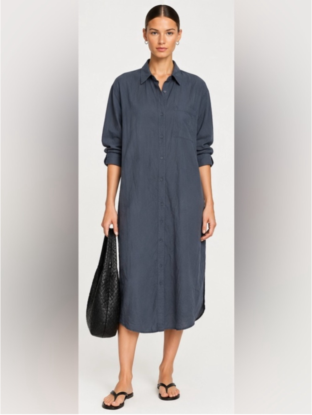 Zara Navy Blue Oversized Maxi Shirt Dress Long Sleeve Button Front Size M